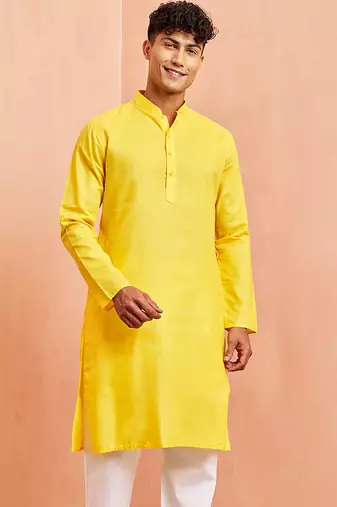 Men yellow cotton kurta - wedding casual summer wear long kurta with button closure