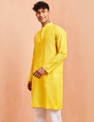 Men yellow cotton kurta - wedding casual summer wear long kurta with button closure 5