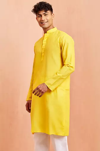 Men yellow cotton kurta - wedding casual summer wear long kurta with button closure