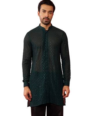 Men bottle green georgette mid kurta - premium honey comb embroidery party wear 1