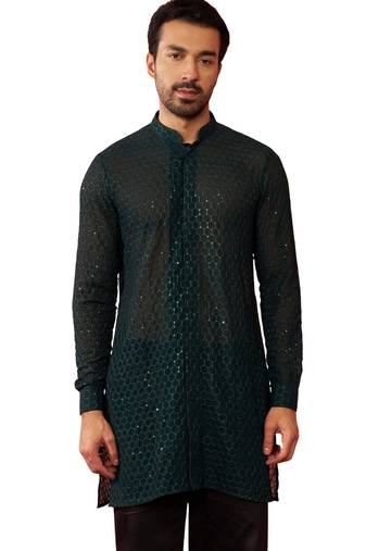 Men bottle green georgette mid kurta - premium honey comb embroidery party wear