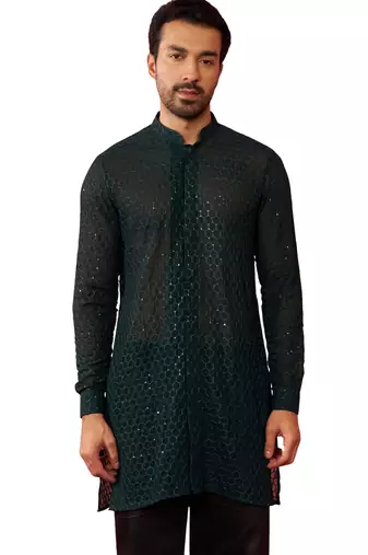 Men bottle green georgette mid kurta - premium honey comb embroidery party wear