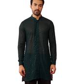 Men bottle green georgette mid kurta - premium honey comb embroidery party wear
