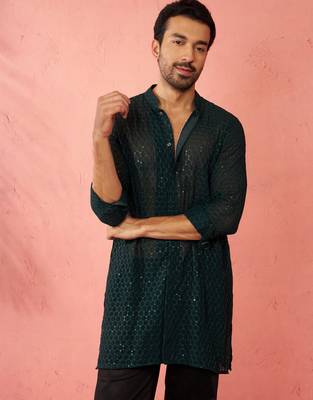 Men bottle green georgette mid kurta - premium honey comb embroidery party wear 2
