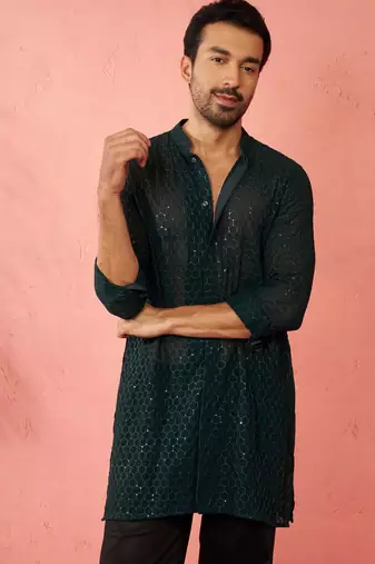 Men bottle green georgette mid kurta - premium honey comb embroidery party wear