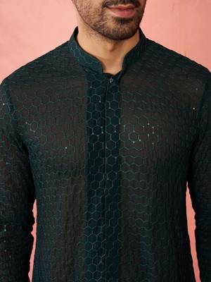 Men bottle green georgette mid kurta - premium honey comb embroidery party wear 3