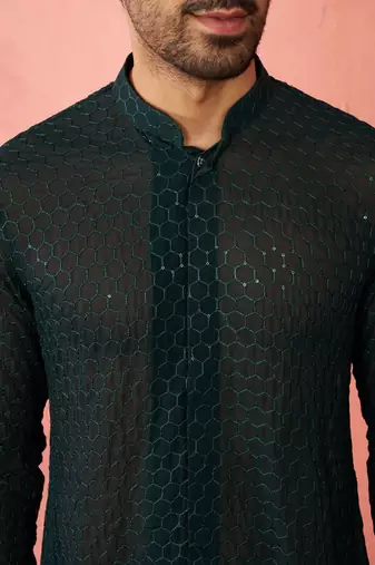 Men bottle green georgette mid kurta - premium honey comb embroidery party wear