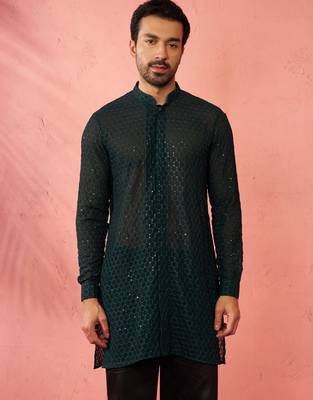 Men bottle green georgette mid kurta - premium honey comb embroidery party wear 4