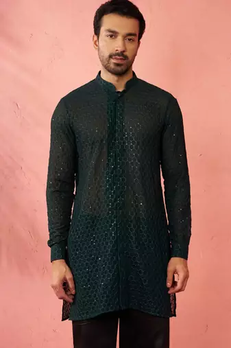 Men bottle green georgette mid kurta - premium honey comb embroidery party wear