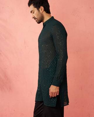 Men bottle green georgette mid kurta - premium honey comb embroidery party wear 5