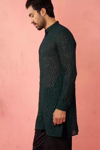 Men bottle green georgette mid kurta - premium honey comb embroidery party wear