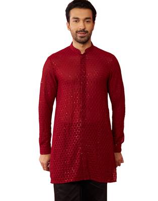 Men maroon georgette mid kurta - premium honey comb embroidery festive party wear 1