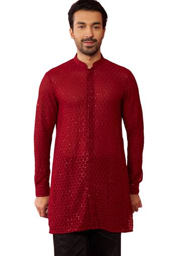 Men maroon georgette mid kurta - premium honey comb embroidery festive party wear