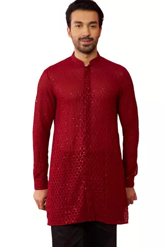 Men maroon georgette mid kurta - premium honey comb embroidery festive party wear