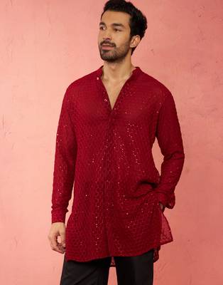 Men maroon georgette mid kurta - premium honey comb embroidery festive party wear 2
