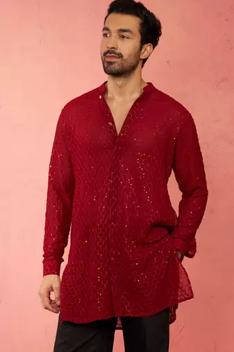 Men maroon georgette mid kurta - premium honey comb embroidery festive party wear