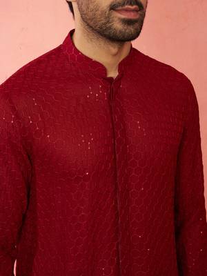 Men maroon georgette mid kurta - premium honey comb embroidery festive party wear 3