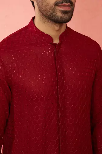 Men maroon georgette mid kurta - premium honey comb embroidery festive party wear