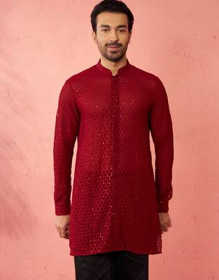 Men maroon georgette mid kurta - premium honey comb embroidery festive party wear 4