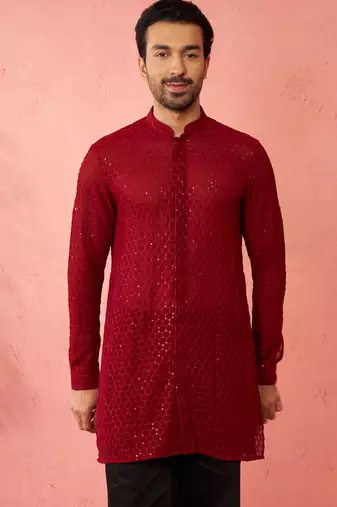 Men maroon georgette mid kurta - premium honey comb embroidery festive party wear