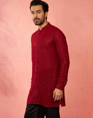 Men maroon georgette mid kurta - premium honey comb embroidery festive party wear 5