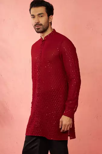 Men maroon georgette mid kurta - premium honey comb embroidery festive party wear