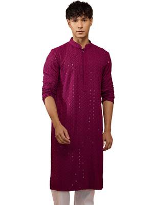 Wine sequin embroidered long kurta - rayon shifli work festive wear 1