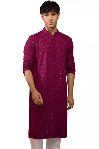 Men's Wine sequin embroidered long kurta - rayon shifli work festive wear