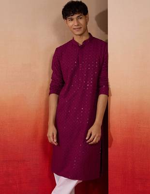 Wine sequin embroidered long kurta - rayon shifli work festive wear 2