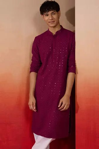 Wine sequin embroidered long kurta - rayon shifli work festive wear