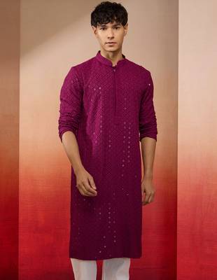 Wine sequin embroidered long kurta - rayon shifli work festive wear 4