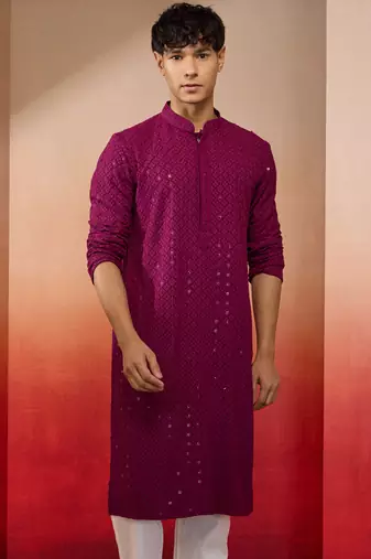 Wine sequin embroidered long kurta - rayon shifli work festive wear