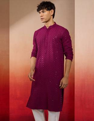 Wine sequin embroidered long kurta - rayon shifli work festive wear 5