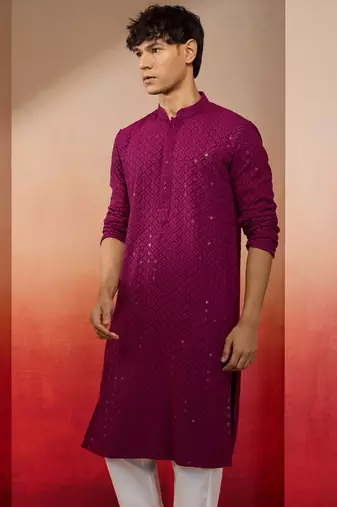 Wine sequin embroidered long kurta - rayon shifli work festive wear