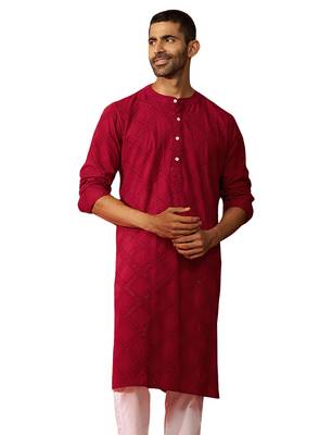 Men red cotton band collar kurta - traditional thread embroidered summer wear 1