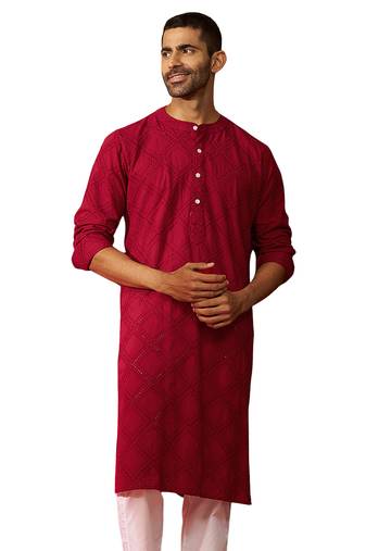 Men red cotton band collar kurta - traditional thread embroidered summer wear