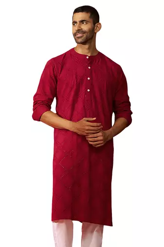 Men red cotton band collar kurta - traditional thread embroidered summer wear