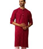 Men red cotton band collar kurta - traditional thread embroidered summer wear