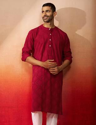 Men red cotton band collar kurta - traditional thread embroidered summer wear 2