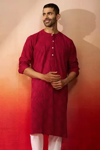 Men red cotton band collar kurta - traditional thread embroidered summer wear