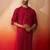 Men red cotton band collar kurta - traditional thread embroidered summer wear