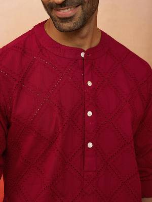 Men red cotton band collar kurta - traditional thread embroidered summer wear 3