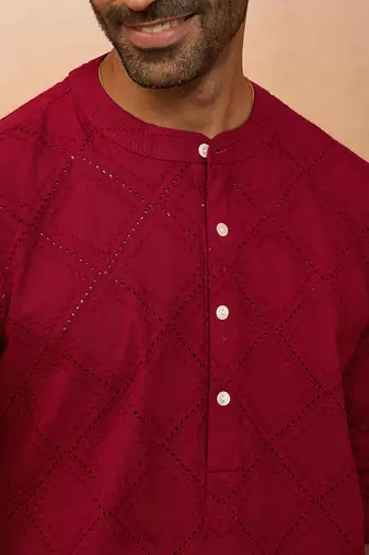 Men red cotton band collar kurta - traditional thread embroidered summer wear