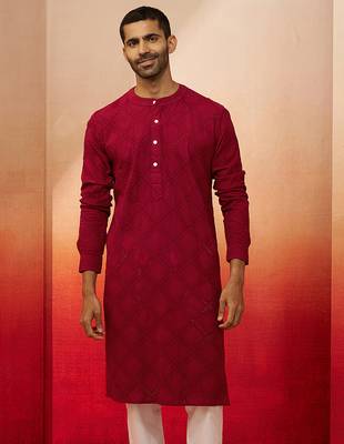 Men red cotton band collar kurta - traditional thread embroidered summer wear 4