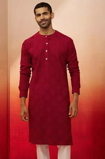 Men red cotton band collar kurta - traditional thread embroidered summer wear