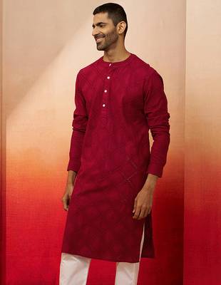 Men red cotton band collar kurta - traditional thread embroidered summer wear 5