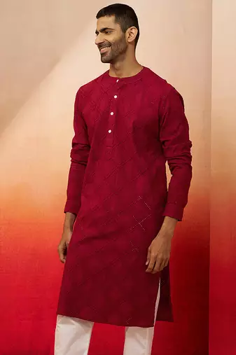 Men red cotton band collar kurta - traditional thread embroidered summer wear
