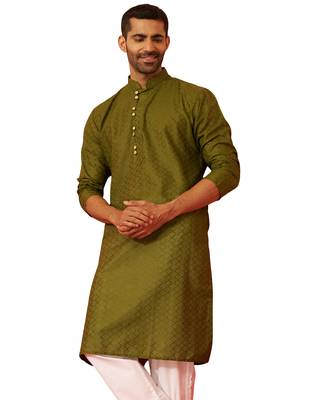 Men mehendi green cotton geometric jacquard kurta - premium barfi pattern summer wear 1