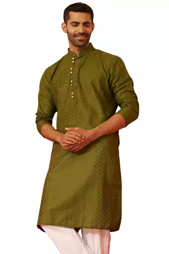 Men mehendi green cotton geometric jacquard kurta - premium barfi pattern summer wear