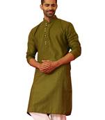 Men mehendi green cotton geometric jacquard kurta - premium barfi pattern summer wear